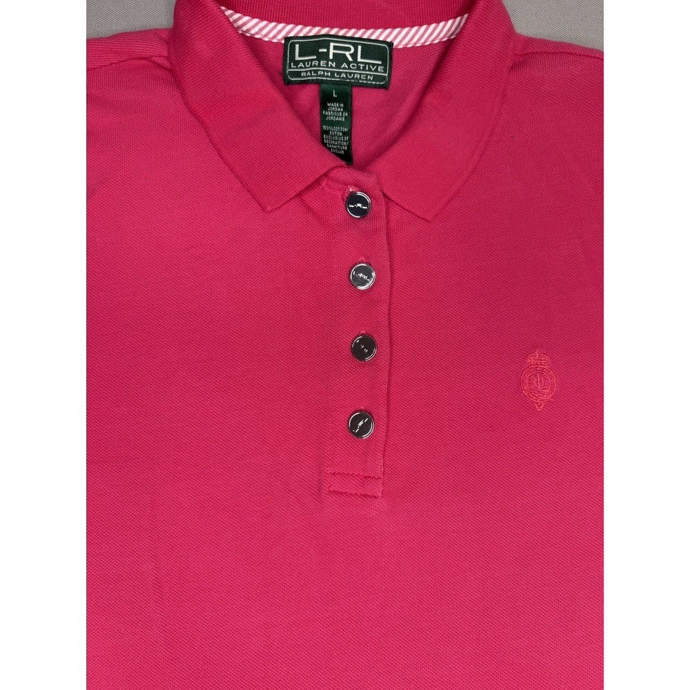 Lauren Ralph Lauren Polo Top Women's L Pink Cotton Striped Cuff Golf Preppy